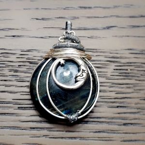 Labradorite moon charm silver wire wrap